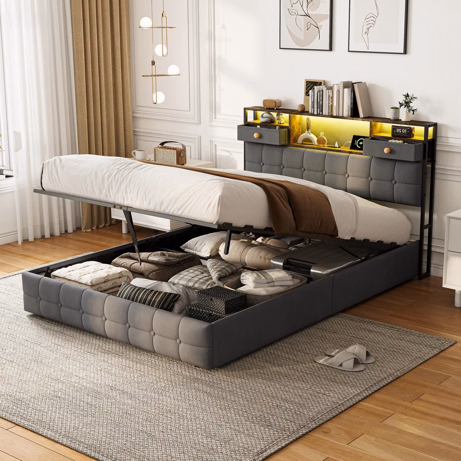 Letto imbottito 140x200 cm con spazio contenitore a sollevamento idraulico, testiera con scaffalatura e 2 cassetti, illuminazione LED, prese USB-C e USB, rete a doghe, colore grigio, senza materasso