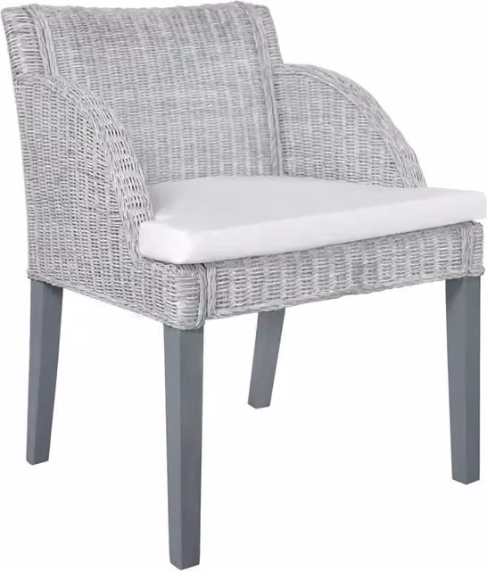 Set di 2 sedie da pranzo moderne in rattan naturale e legno di mango con cuscini in tessuto grigi e bianchi con braccioli