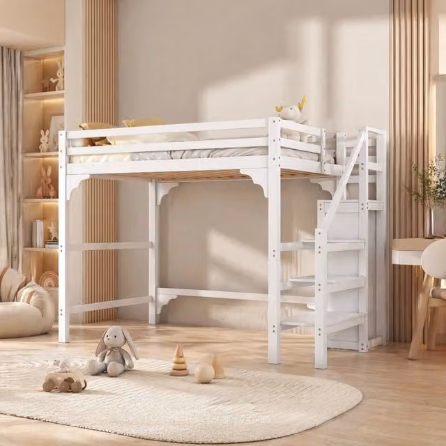 Letto a soppalco Mivray in legno di pino e MDF bianco con scala a gradini contenitore e armadio L/P/H: 245 x 140 x 200 cm