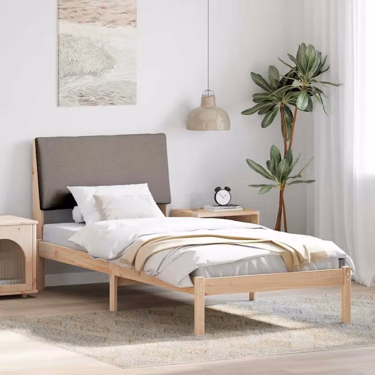 Struttura del letto moderna vidaXL con testiera imbottita in tessuto e legno di pino, Marrone/Beige/Grigio, 100 x 200 cm