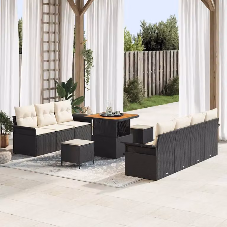 Set Divano da Giardino vidaXL 10 Pezzi in Polyrattan Nero con Cuscini e Tavolino