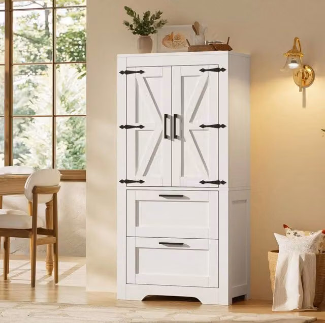 Credenza alta in stile rustico bianca con ante e cassetti per cucina e sala da pranzo, H: 128 cm, L: 60 cm, P: 30 cm