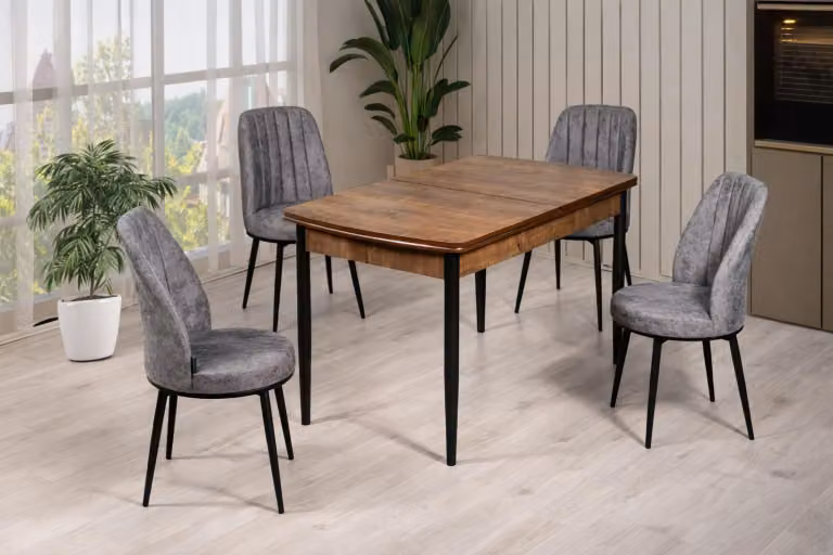 Tavolo con 4 sedie, stile moderno, colore marrone, legno, comodo