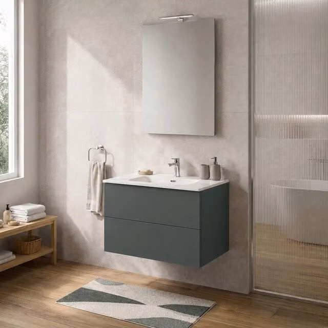 Mobile bagno sospeso INBAGNO Tierra verde con due cassetti push-pull e lavabo, L: 80 cm, P: 50 cm, H: 45 cm