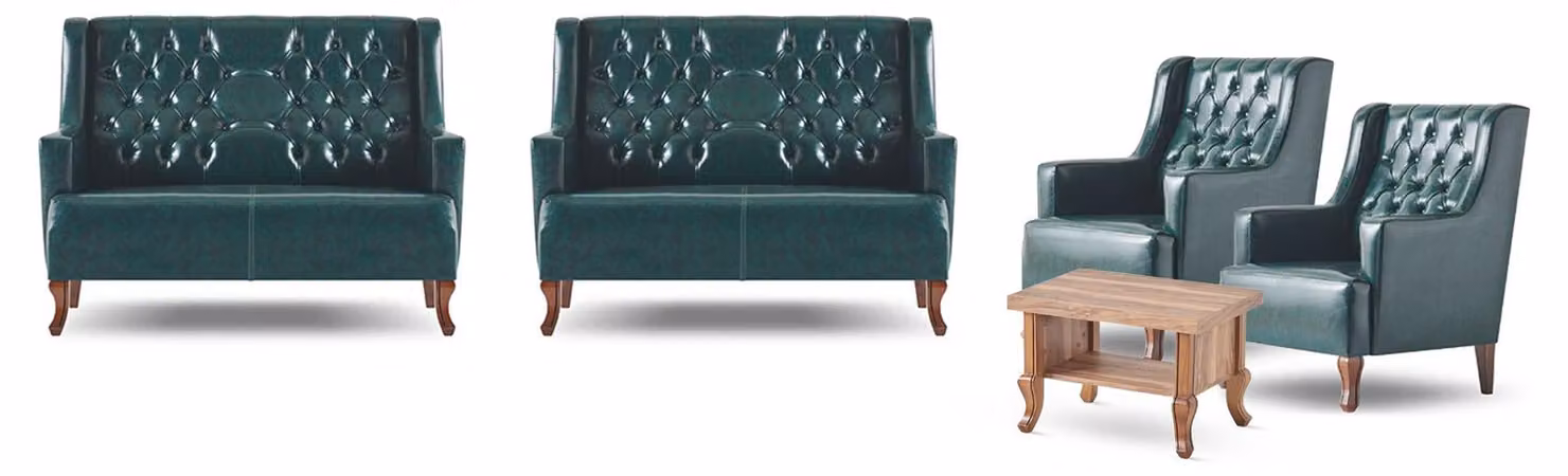 Sofa-Set Klassisch Grün Chesterfield Set 2-Sitzer Sessel Couchtisch Leder