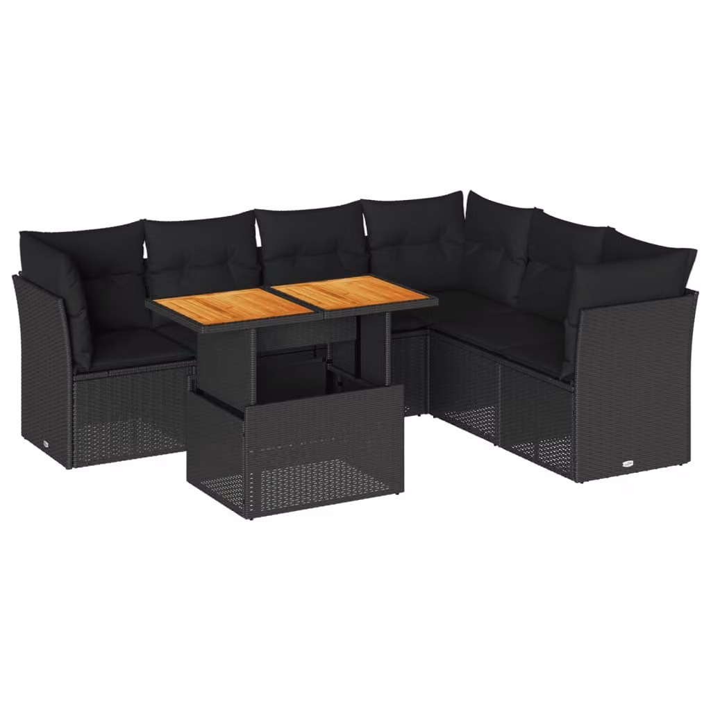 Set Divani da Giardino con Cuscini 7pz Nero Polyrattan