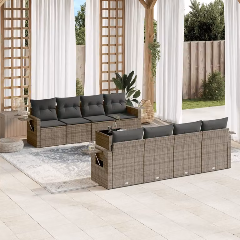 vidaXL Set Divano da Giardino 9 pz in Polyrattan Grigio con Cuscini e Tavolino