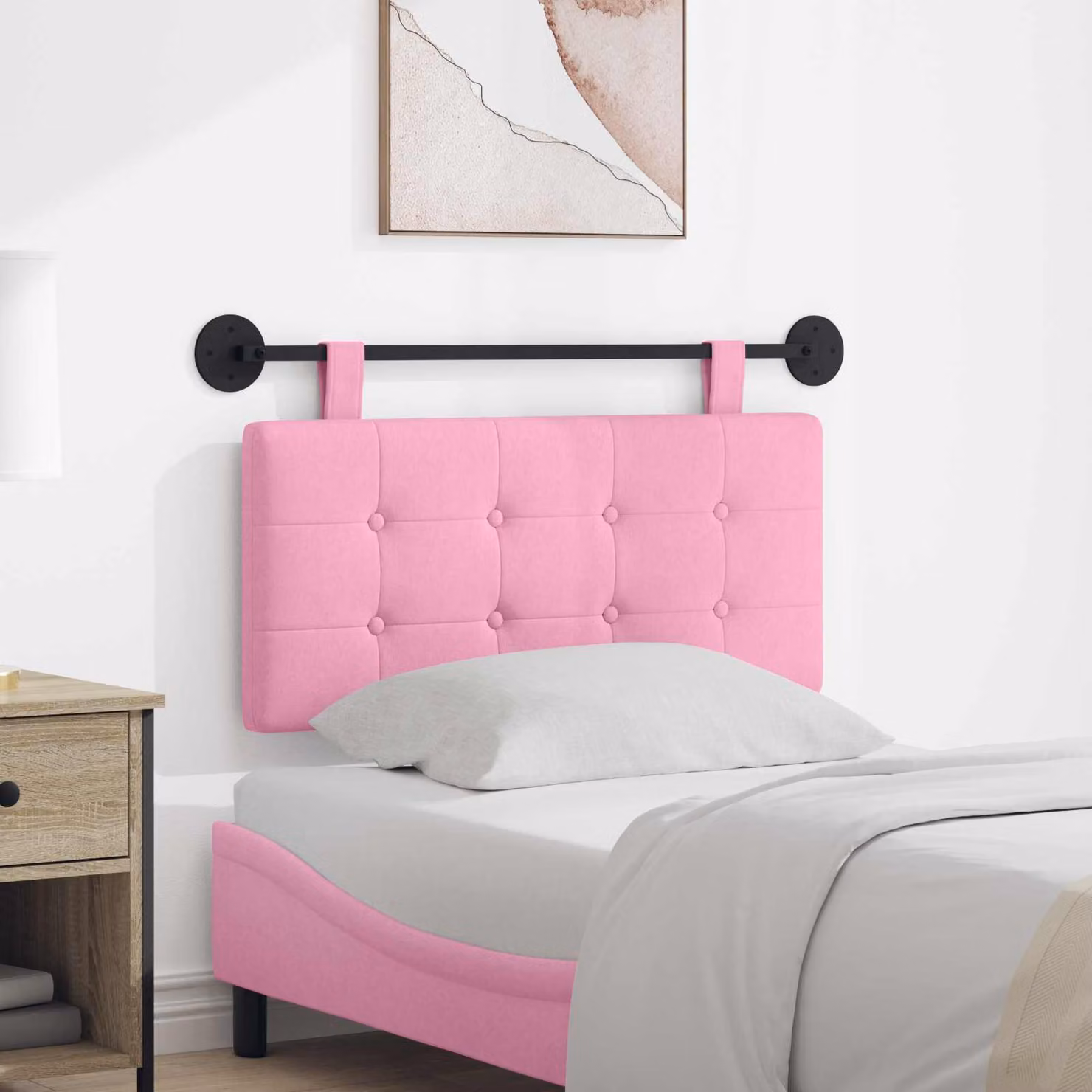 Testiera da letto sospesa vidaXL in tessuto rosa con pannello imbottito e struttura in legno e metallo