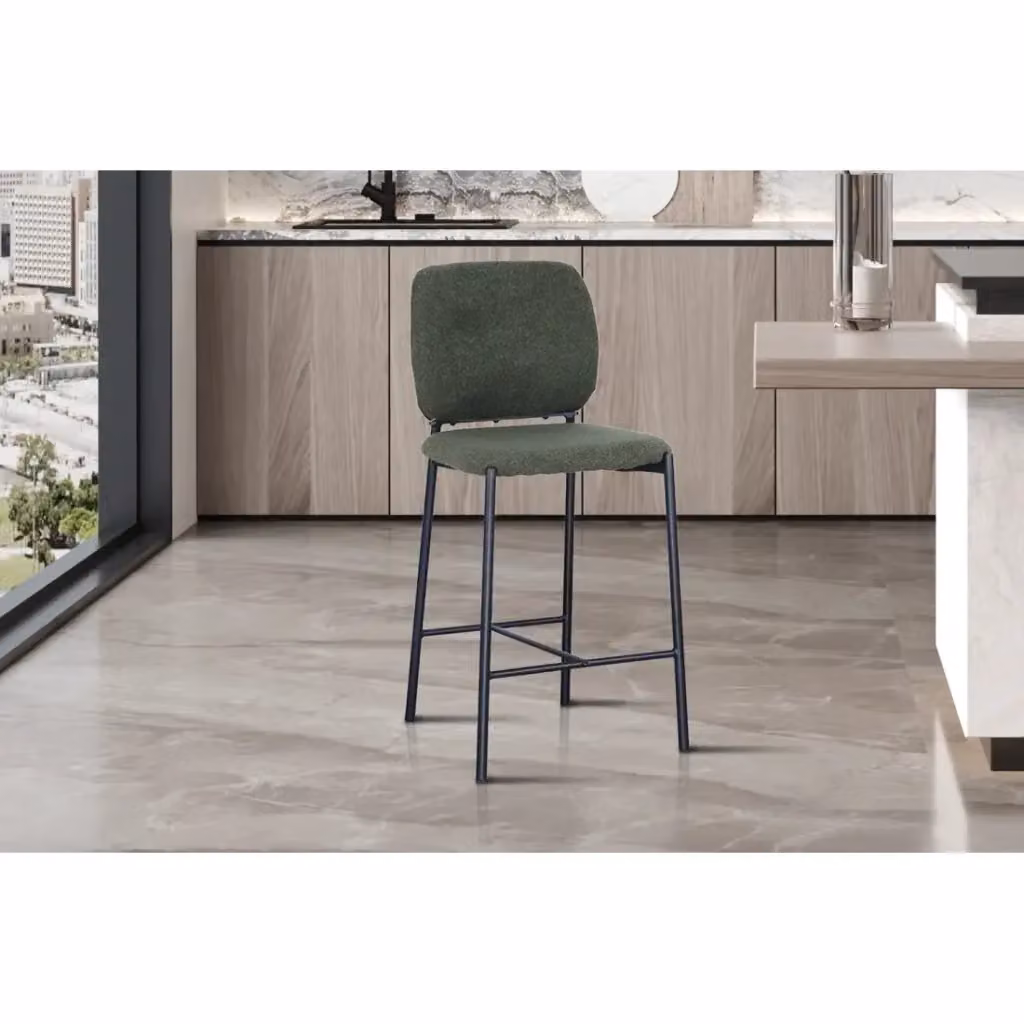 Sedia da bancone RITA Meublorama in tessuto verde con gambe in metallo nero stile industriale Altezza: 99 cm – 2
