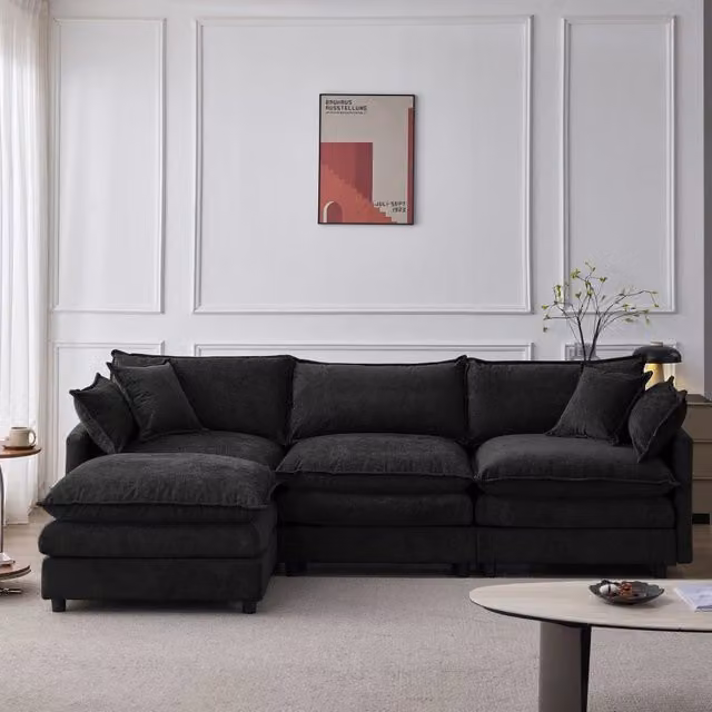 Divano angolare a 3 posti Mivray in velluto nero con pouf coordinato, rivestimento sfoderabile e reversibile per il tuo soggiorno – 1