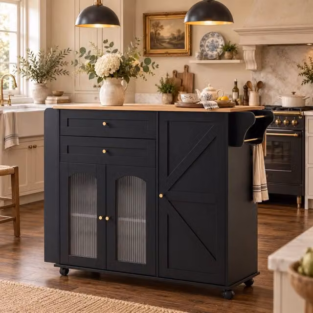 Desviae Carrello da cucina su ruote con piano ribaltabile 2 cassetti e ripiani laterali in truciolato nero 110 × 70 × 99 cm