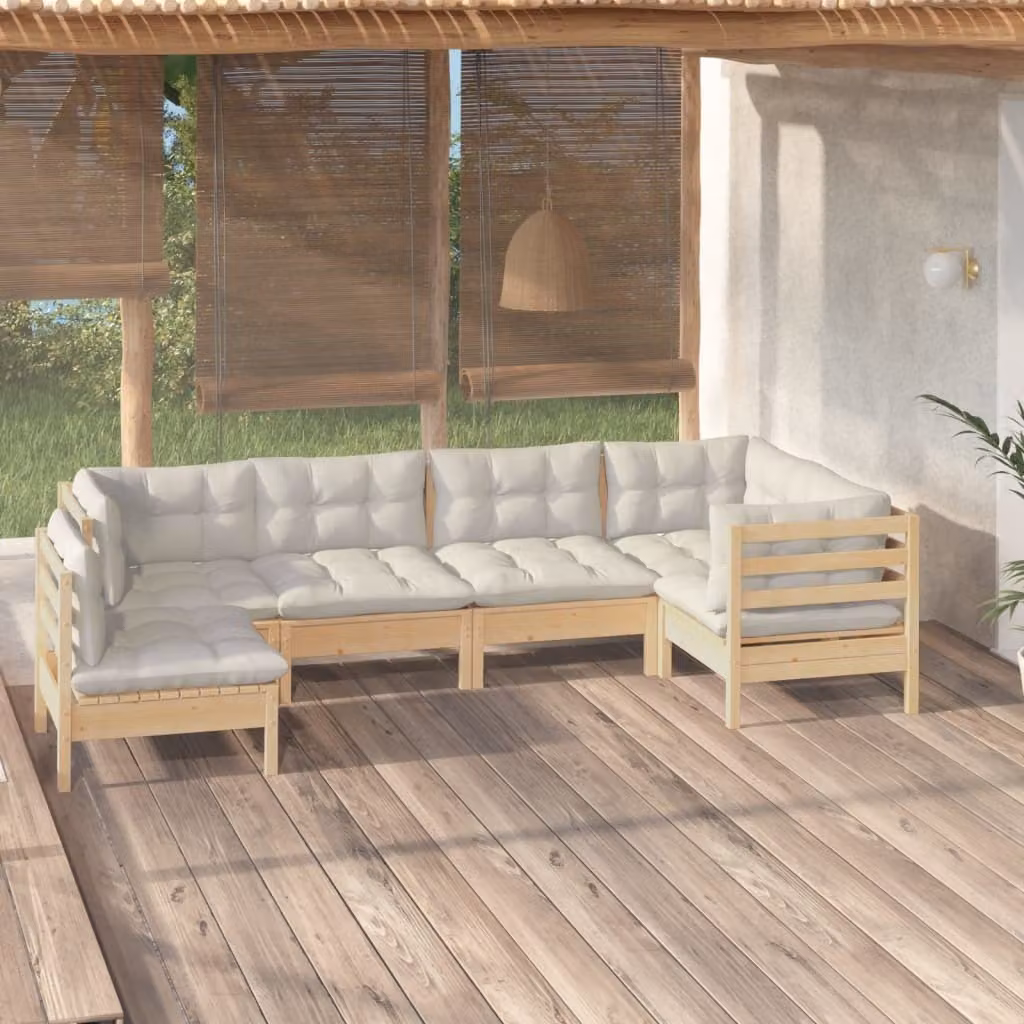 The Living Store Set da giardino da 6 pezzi con cuscini crema in legno di pino