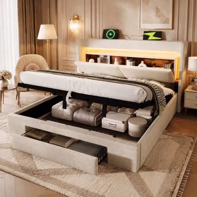 Letto imbottito 180x200 cm con contenitore idraulico, LED e USB/USB-C in lino beige