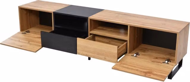 Mobile TV moderno in nero e legno con ampio spazio contenitivo - dimensioni 190x38x48 cm