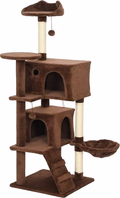 Tiragraffi per Gatti PawHut Marrone con Amaca, Grotte, Scala e Pali in Sisal, Altezza: 140 cm – 1