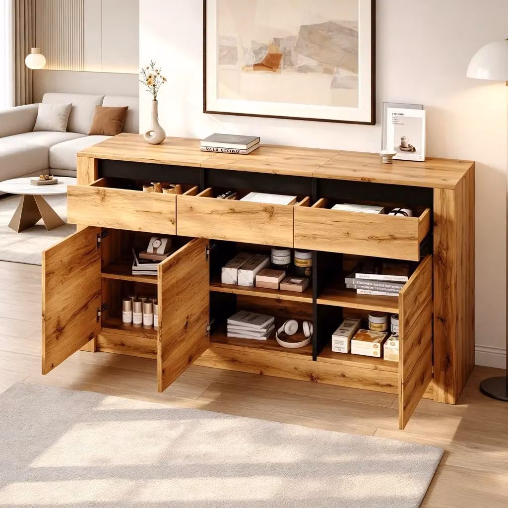 Credenza moderna in legno marrone con 3 cassetti e 3 armadietti chiudibili L: 140 cm, P: 35 cm, H: 70 cm – 2
