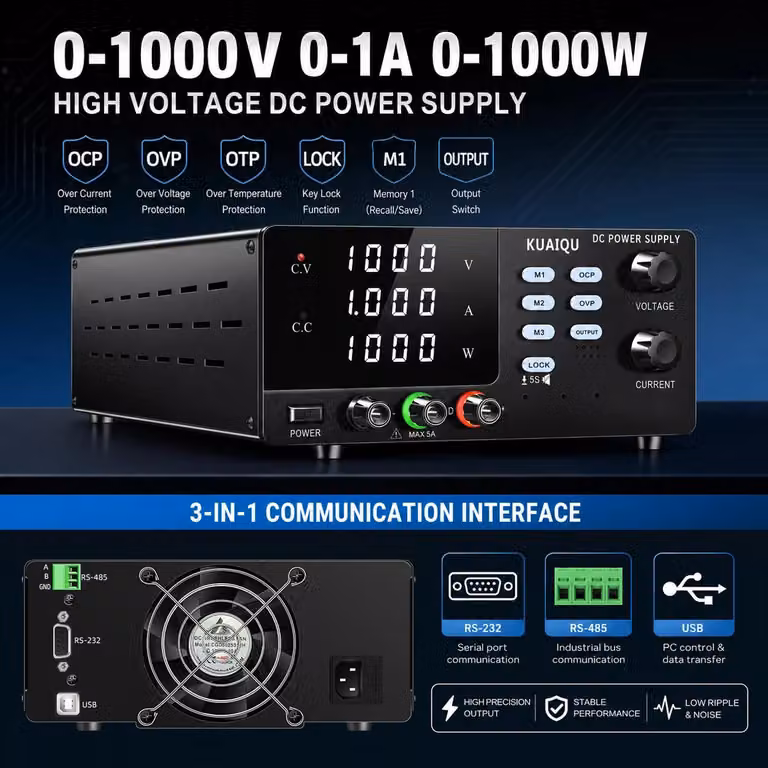 Alimentatore da banco regolabile DC – 0–1000V, 0–1A, 0–1000W – Protezione OCP, OVP – Interfaccia RS-232, RS-485, USB – Ideale per test di invecchiamento e riparazione
