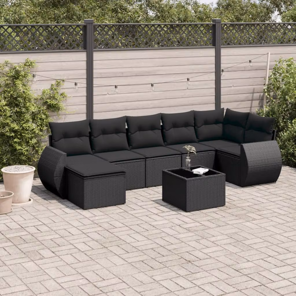 vidaXL Set Divani da Giardino 8 pz in Polyrattan Nero con Cuscini e Tavolino – 1
