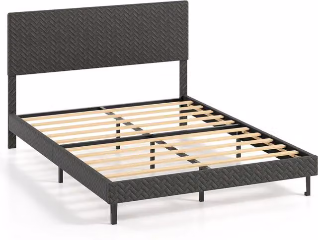 Telaio letto a piattaforma imbottito in lino con testiera chevron regolabile in altezza Design Mania Grigio L: 164,5 cm, P: 206,5 cm, H: 110 cm – 1