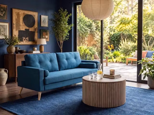 Divano a 2 posti BELIANI in tessuto blu con design capitonné moderno e struttura in legno di gomma, L: 182 cm, P: 88 cm, H: 74 cm