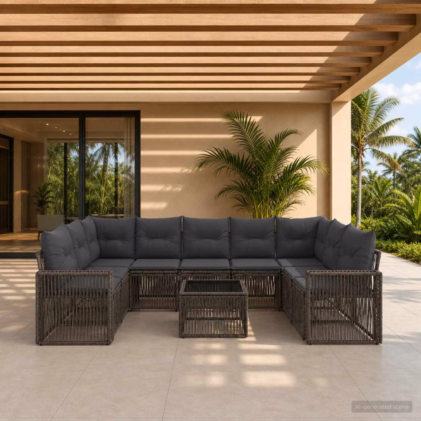 Set Divano da Giardino vidaXL 10 Pezzi a Forma di U in Polyrattan Grigio e Antracite con Tavolino e Cuscini Imbottiti