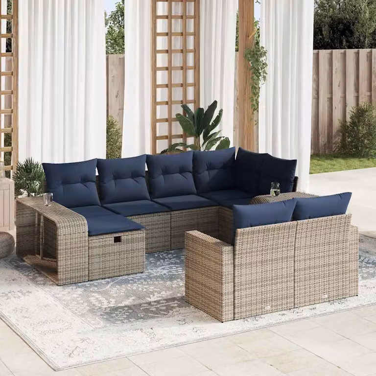 Set Divano da Giardino vidaXL 10 pz a forma a U in Polyrattan con Cuscini Grigio e Blu