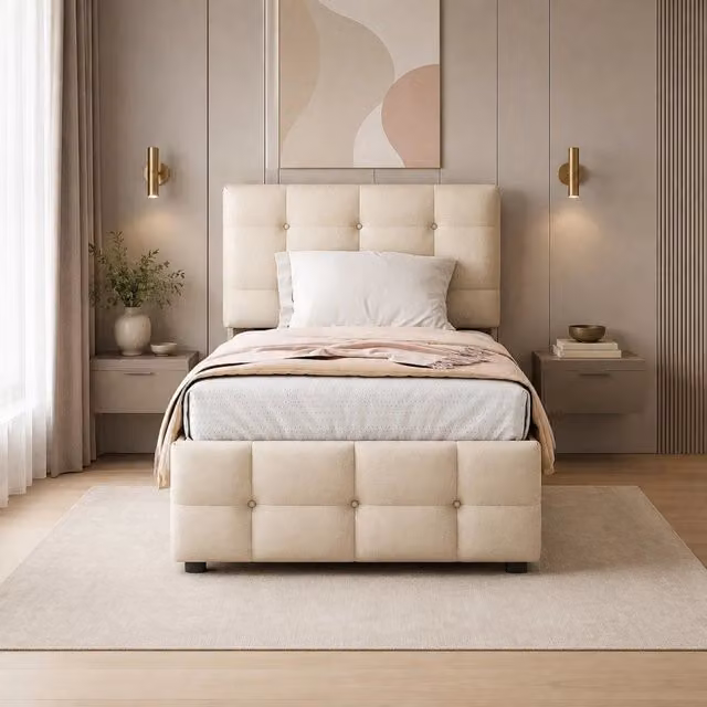 Letto imbottito singolo ULEVR 90x200 cm con letto estraibile 190x90 cm e testiera regolabile, beige