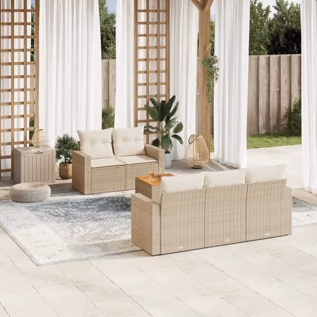 Set Divano da Giardino a L vidaXL in Polyrattan con Cuscini Beige e Tavolino da Esterno 6 Pezzi – 1