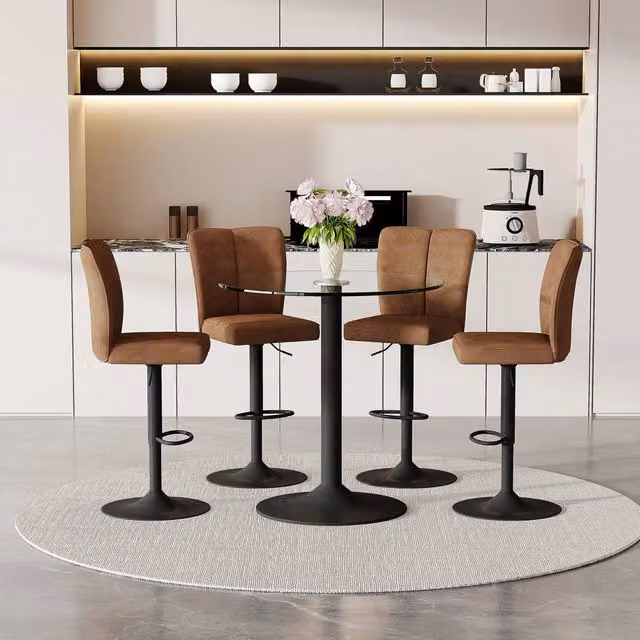 Set tavolo da bar Mivray con piano in vetro trasparente e 4 sgabelli girevoli regolabili in tessuto tecnico marrone e metallo nero – 1