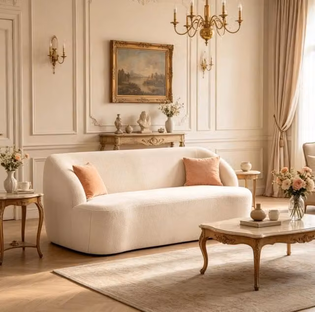 Divano 2 posti in tessuto boucle beige 142x85x73,5 cm con schiuma ad alta densità e schienale curvo, senza montaggio