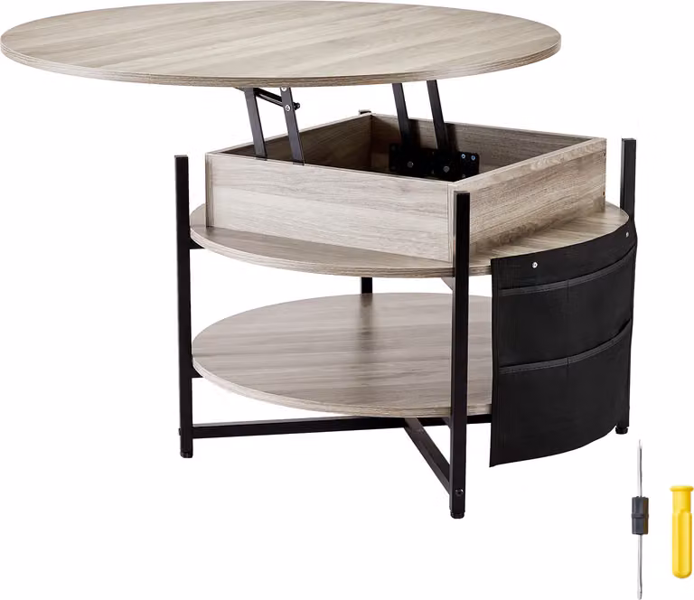 SucceBuy Tavolino da 35,3 pollici con piano sollevabile, tavolo rotondo con tasche portaoggetti aggiuntive, tavolino pieghevole per il soggiorno, bianco