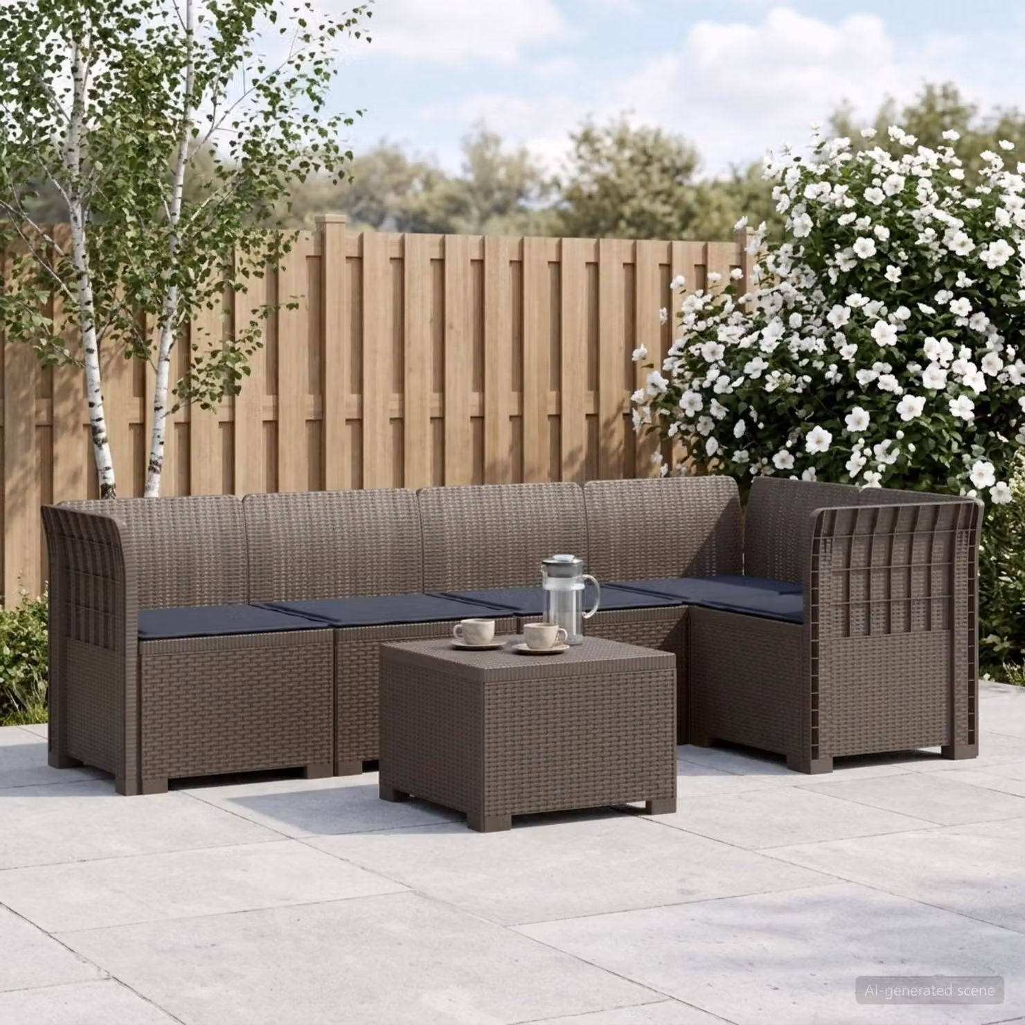 Set da giardino moderno vidaXL in polyrattan con cuscini inclusi, composto da divano angolare a L, divani da 2 e 3 posti e tavolino da caffè, resistente alle intemperie e ai raggi UV, disponibile in marrone o grigio