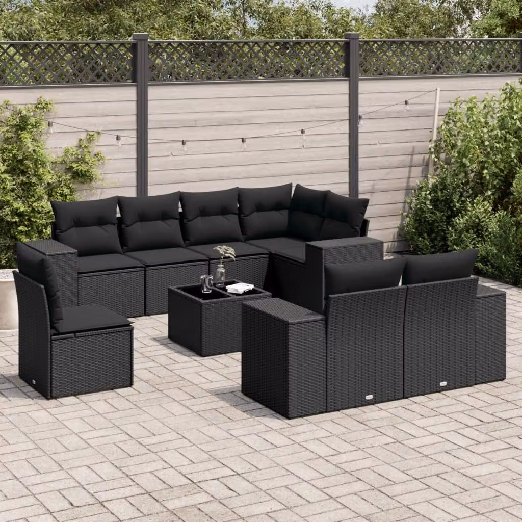 vidaXL Set Divani da Giardino a L 9 pz in Polyrattan Nero con Cuscini e Tavolino da Esterno – 1