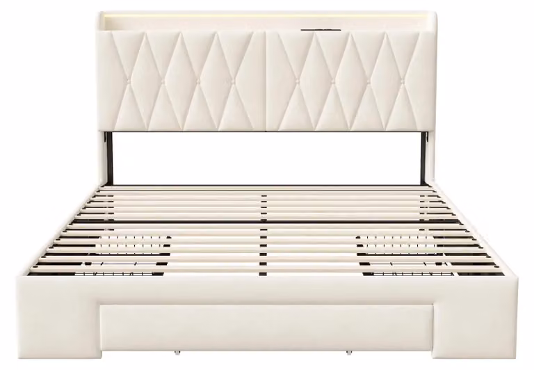 Letto imbottito - Letto matrimoniale 140x200 cm - Con cassetti - Testiera con vano portaoggetti - Velluto - Senza materasso - Beige