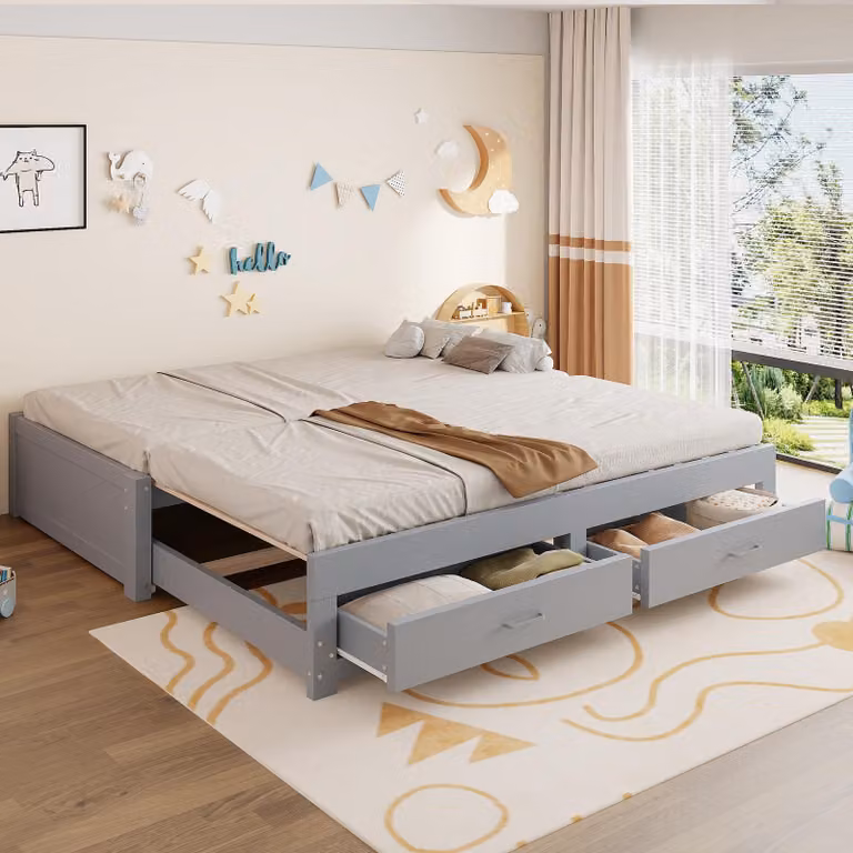 Letto per bambini okwish, dimensioni 90/180x190 cm, completo di materasso e letto a estensione, divano letto con due cassetti, struttura in legno color grigio