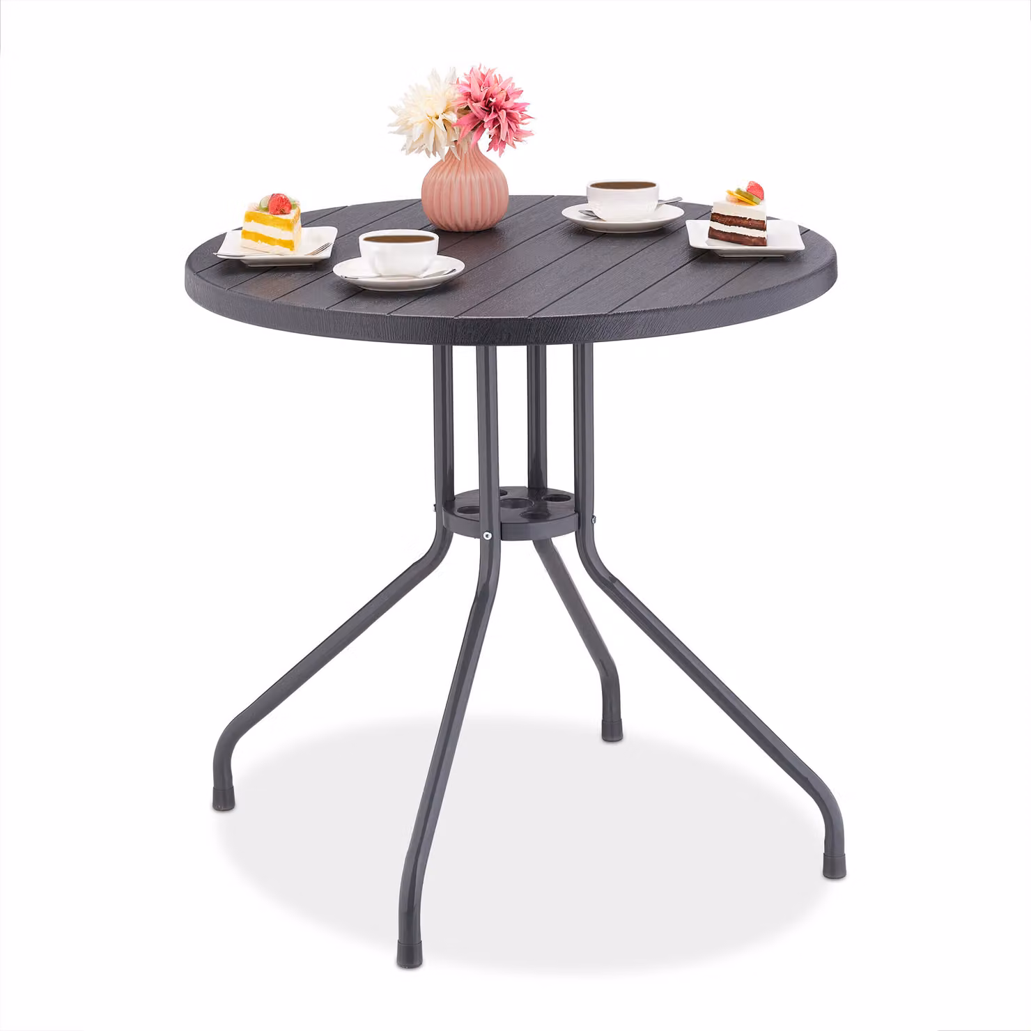 Tavolo da giardino Relaxdays, A x Ø: 75 x 80 cm, tavolo da balcone effetto legno, in plastica e acciaio, tavolo da terrazza rotondo, grigio