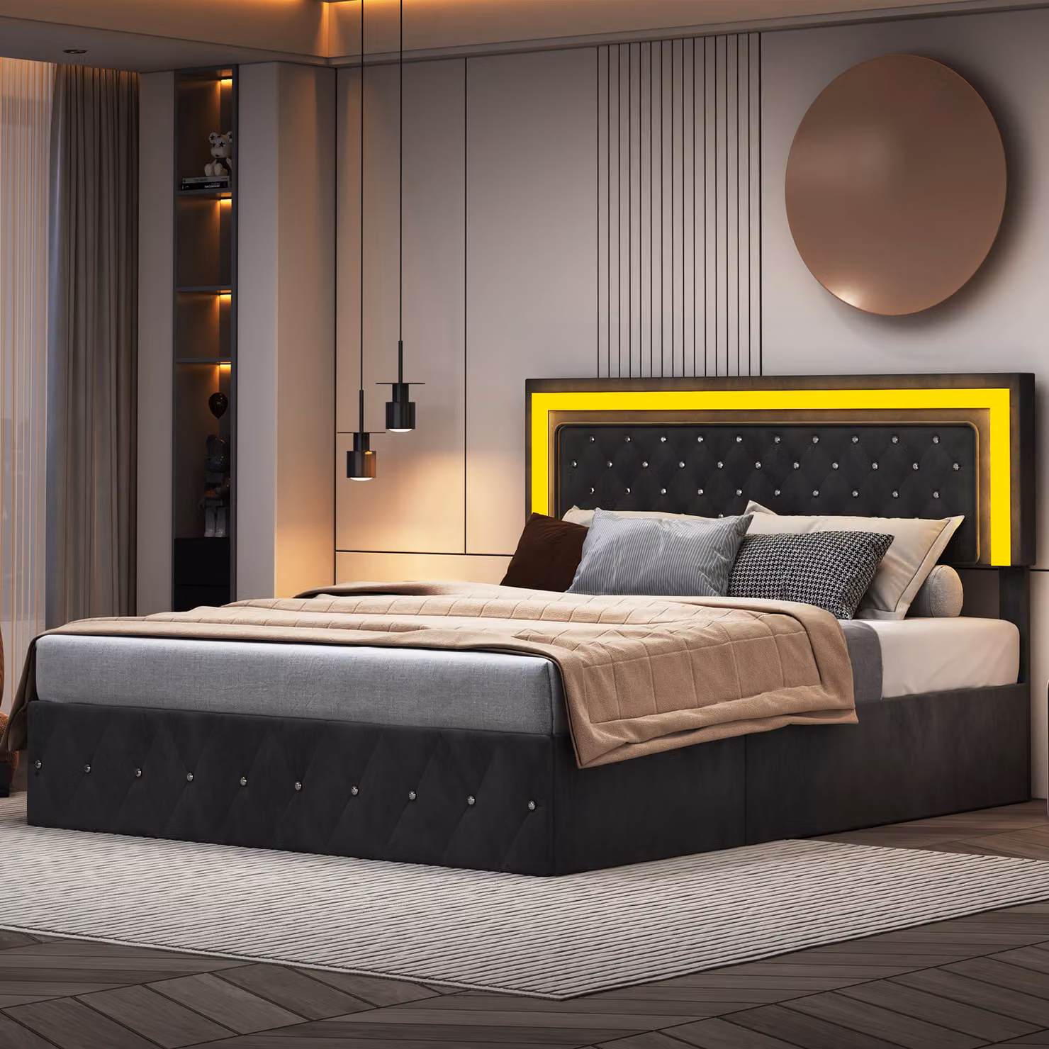 Letto imbottito CDGlobal con testata regolabile in altezza, letto matrimoniale contenitore con illuminazione LED e rete a doghe, velluto, 160x200cm