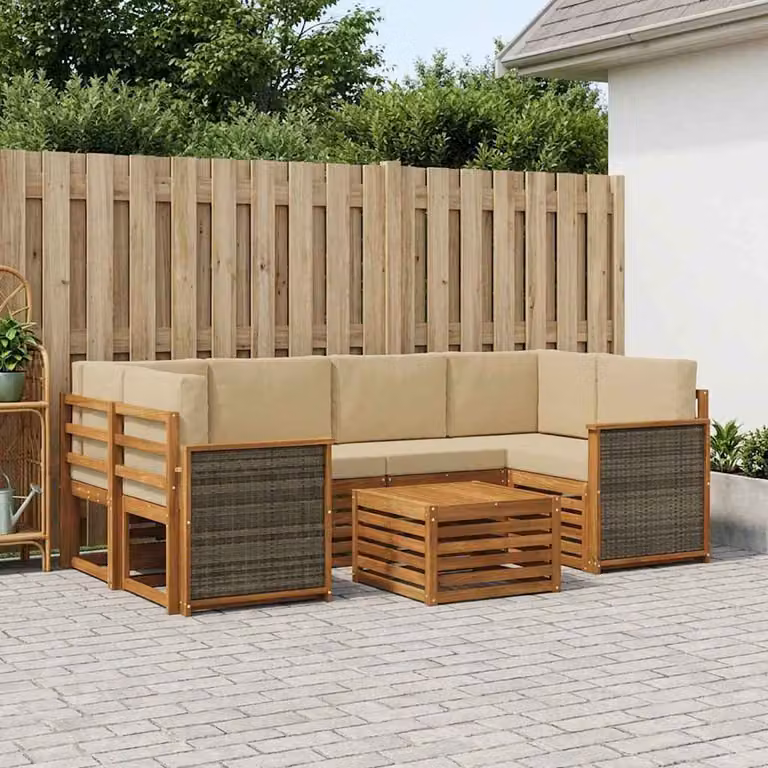 Set di divani da esterno vidaXL a forma di L composto da 7 pezzi in legno di acacia con cuscini in beige e sabbia