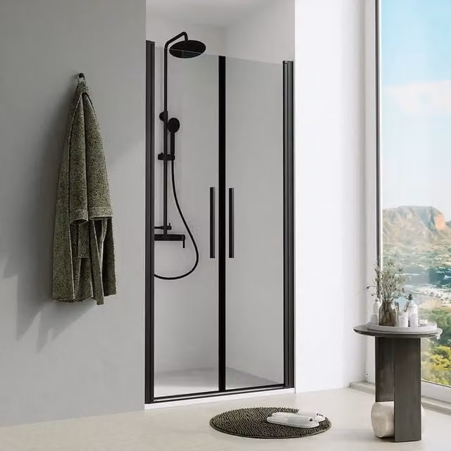Porta doccia 90cm apertura saloon con profili nero opaco e vetro da 6mm trasparente h195 | Elba