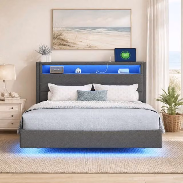 Letto imbottito 140x200 cm grigio con USB, LED e testiera contenitore