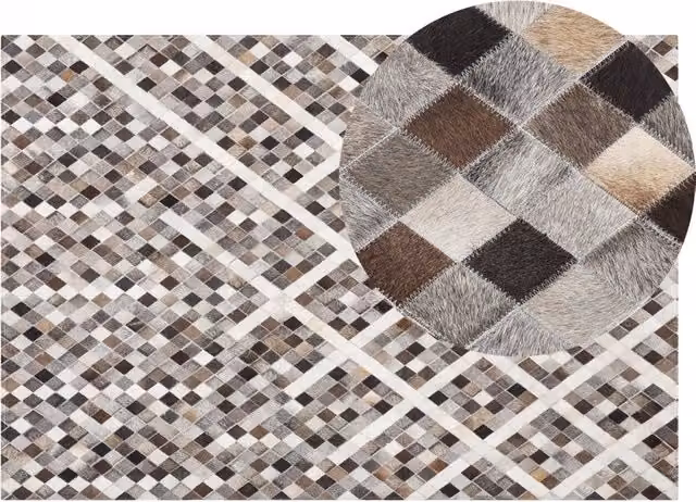 Tappeto in pelle bovina BELIANI con motivo geometrico multicolore marrone beige e grigio, L: 140 cm, P: 200 cm