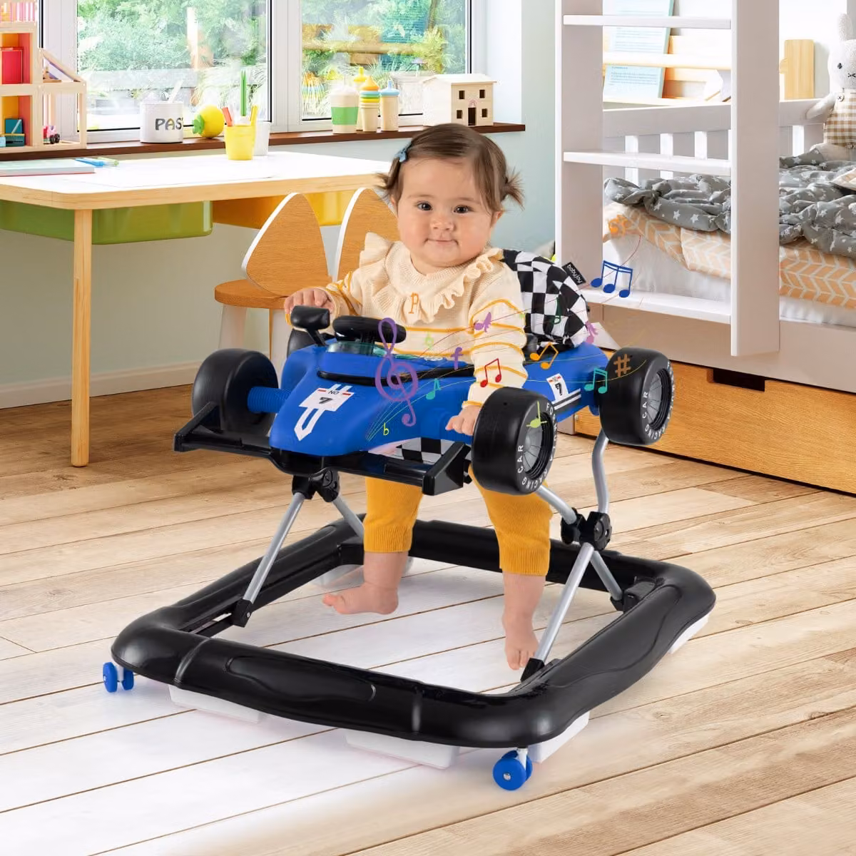 Passeggino 4-in-1 Costway con centro attività e scatola musicale, altezza regolabile a 3 livelli, Blu
