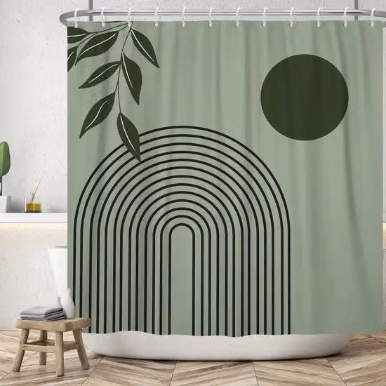 Tenda da doccia impermeabile in poliestere con motivo astratto natura verde e salmone, L: 180 cm, H: 200 cm
