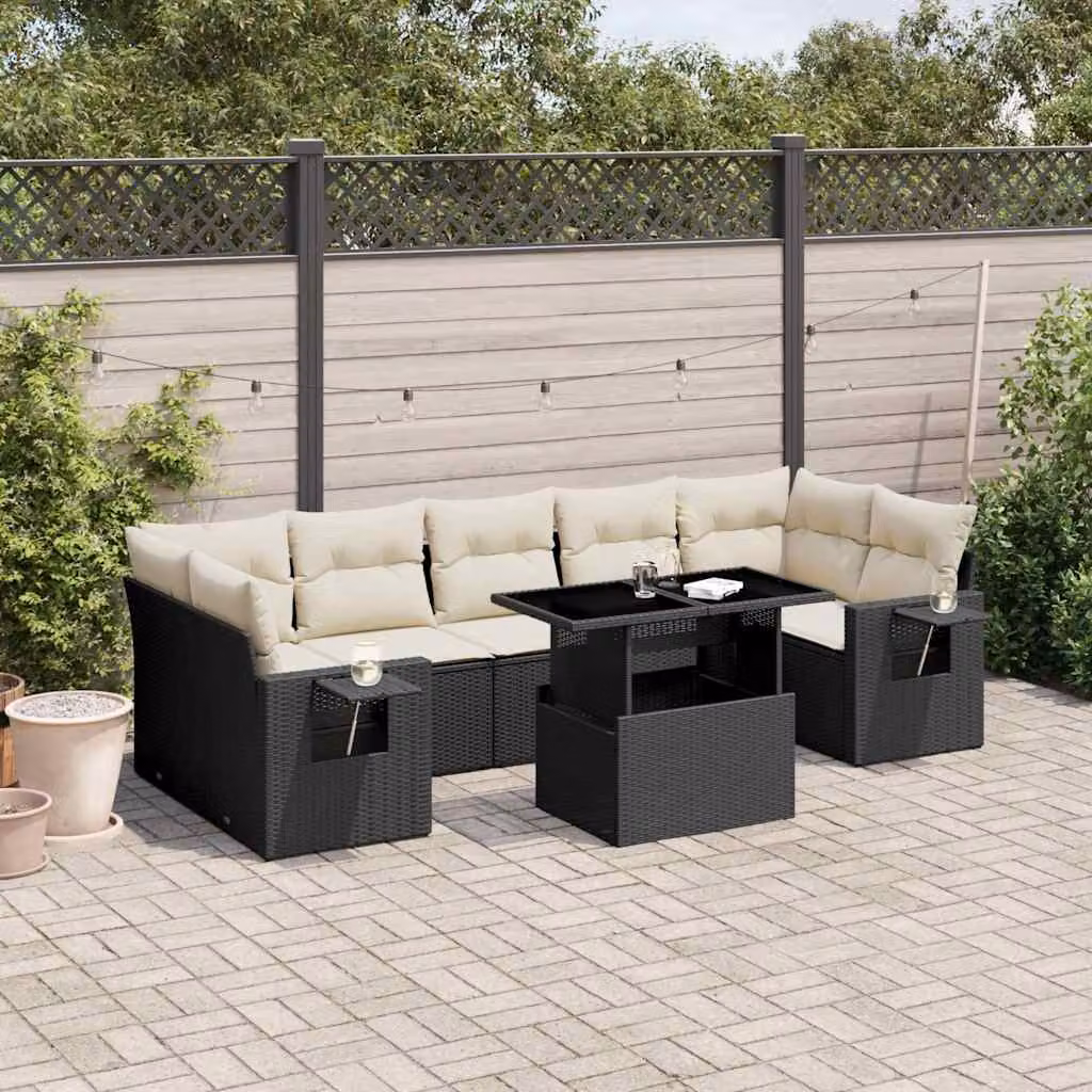 Set di divani da giardino vidaXL a forma di L in polyrattan nero con 8 pezzi e cuscini inclusi – 1