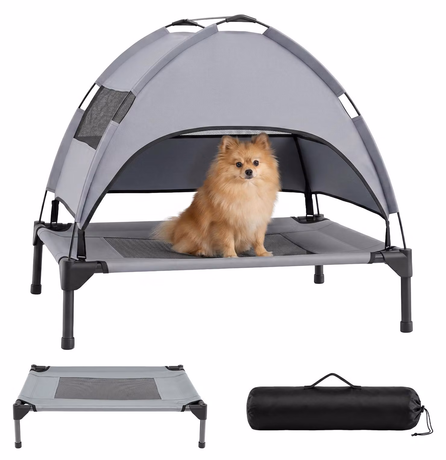 COSTWAY, cuccia rialzata per cani con tenda, resistente alle intemperie, adatta a cani fino a 20 kg, con tettoia parasole rimovibile, finestre e borsa da trasporto. Dimensioni: 78,5 x 63 x 70 cm