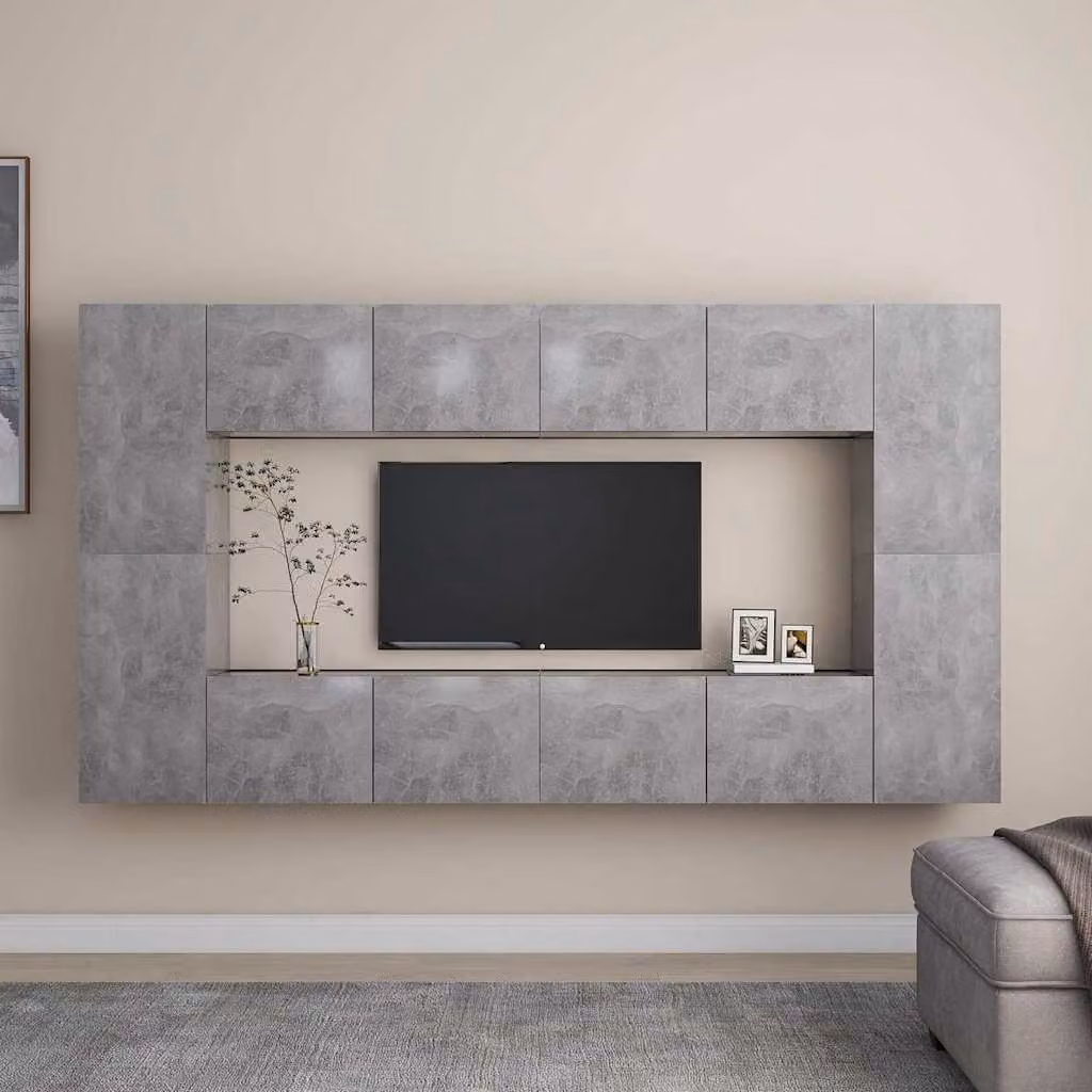 Set di Mobili Porta TV Moderno vidaXL in Legno e MDF Grigio Cemento, 8 Pezzi, da Appendere alla Parete