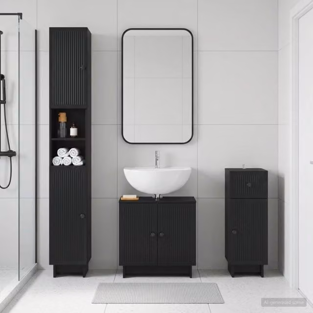 Set di 3 mobili da bagno vidaXL in legno nero opaco con armadietto alto, mobile sottolavabo e mobile laterale