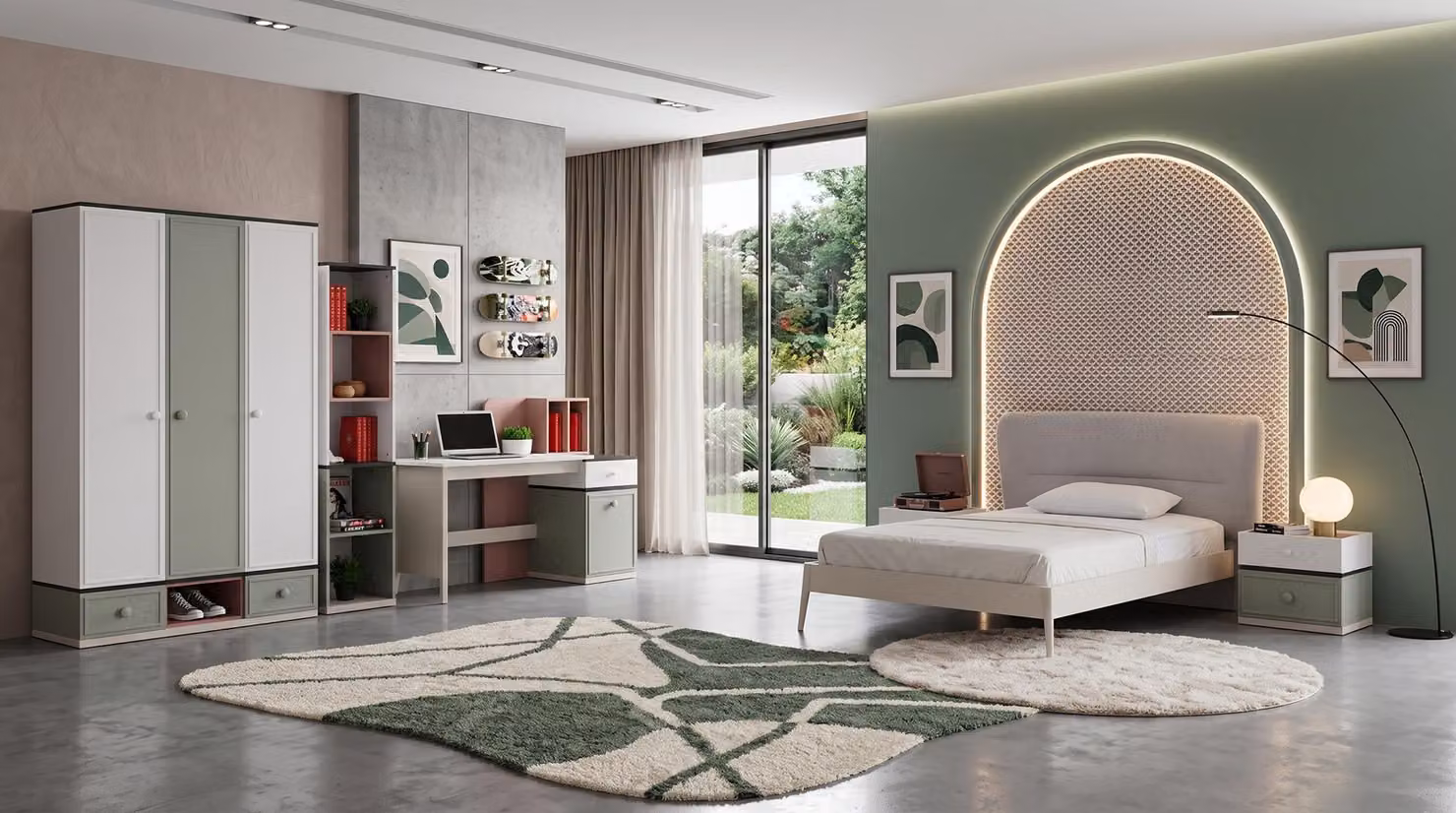 Letto, armadio, comodini, libreria, scrivania, tutto in tonalità grigio per una camera da letto giovanile