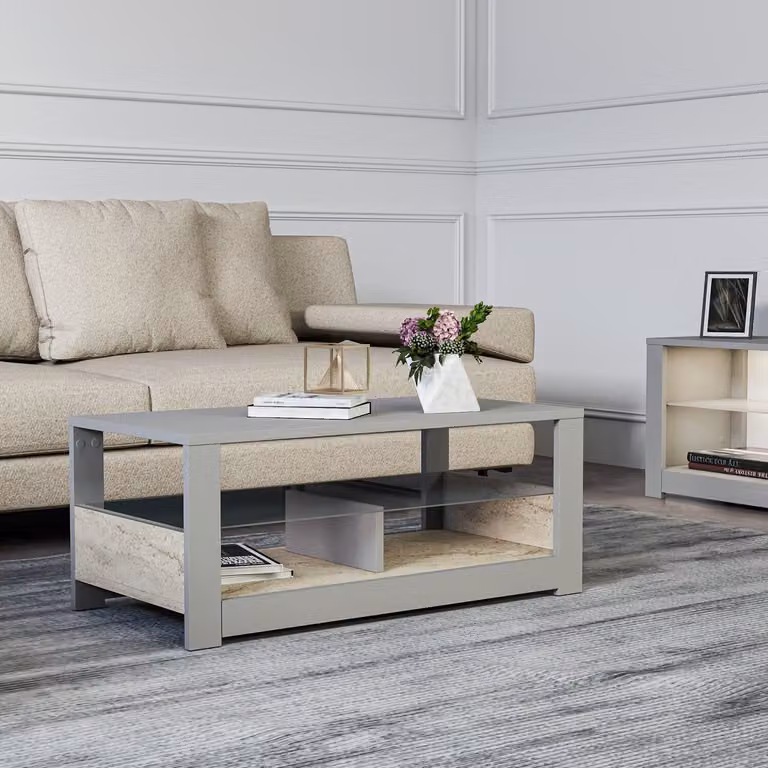 Skye Decor, tavolino da caffè di alta qualità con piano in vetro, 90 x 37 x 45 cm | Realizzato in pannello di particelle rivestito in melamina al 100%, spessore 18 mm | Montabile a parete, disponibile nei colori grigio e travertino, design moderno.