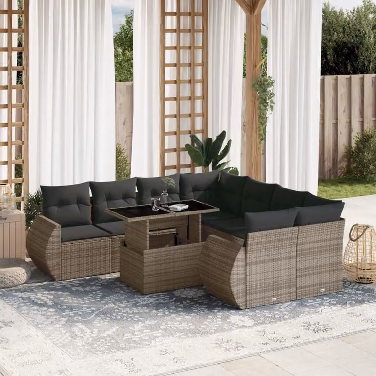 vidaXL Set Divano da Giardino 9 pz a Forma a L in Polyrattan Grigio con Cuscini e Tavolino